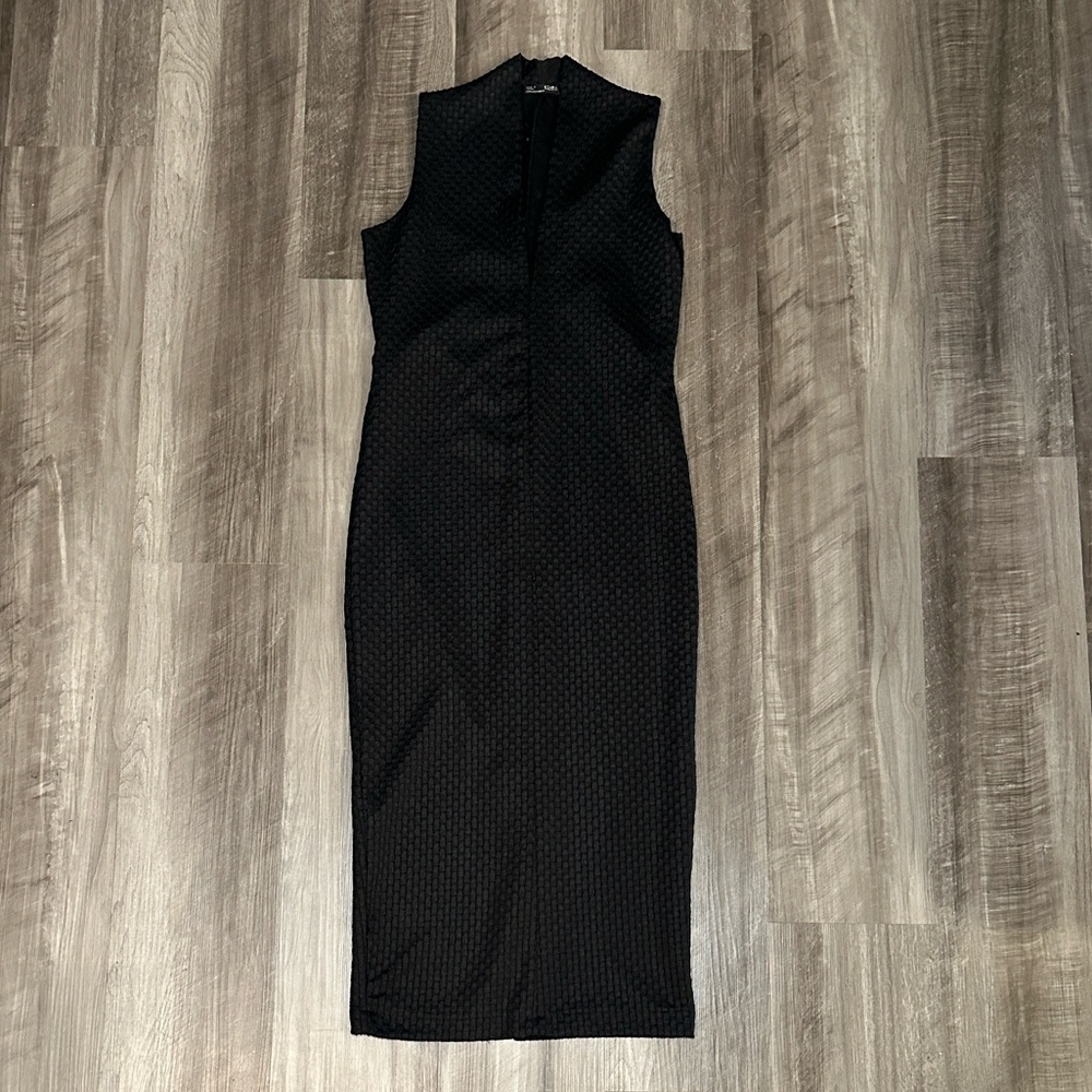 Zara B/W Collection V Cut Textured Weave Style Sleeveless Fitted Dress - Medium